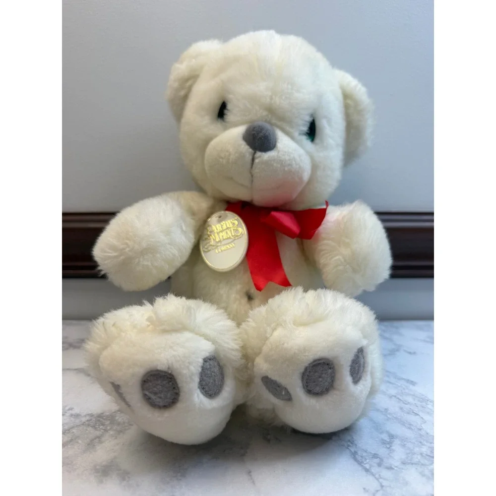 Precious Moments White Teddy Bear Plush Red Ribbon Teal Eyes Vintage Collectible